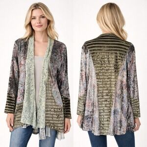 John Mark Velvet Burn Out Kimono Lace Open Front Cardigan Sz L Gray Boho
